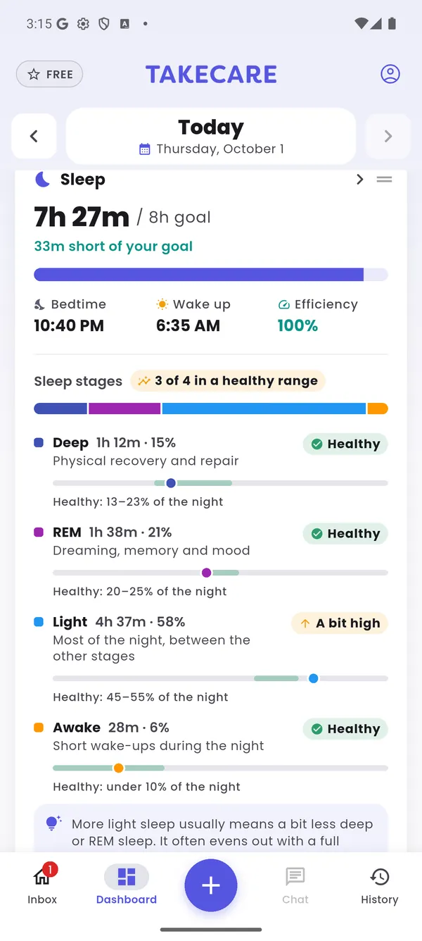 Dashboard: last night's sleep with stages and healthy ranges