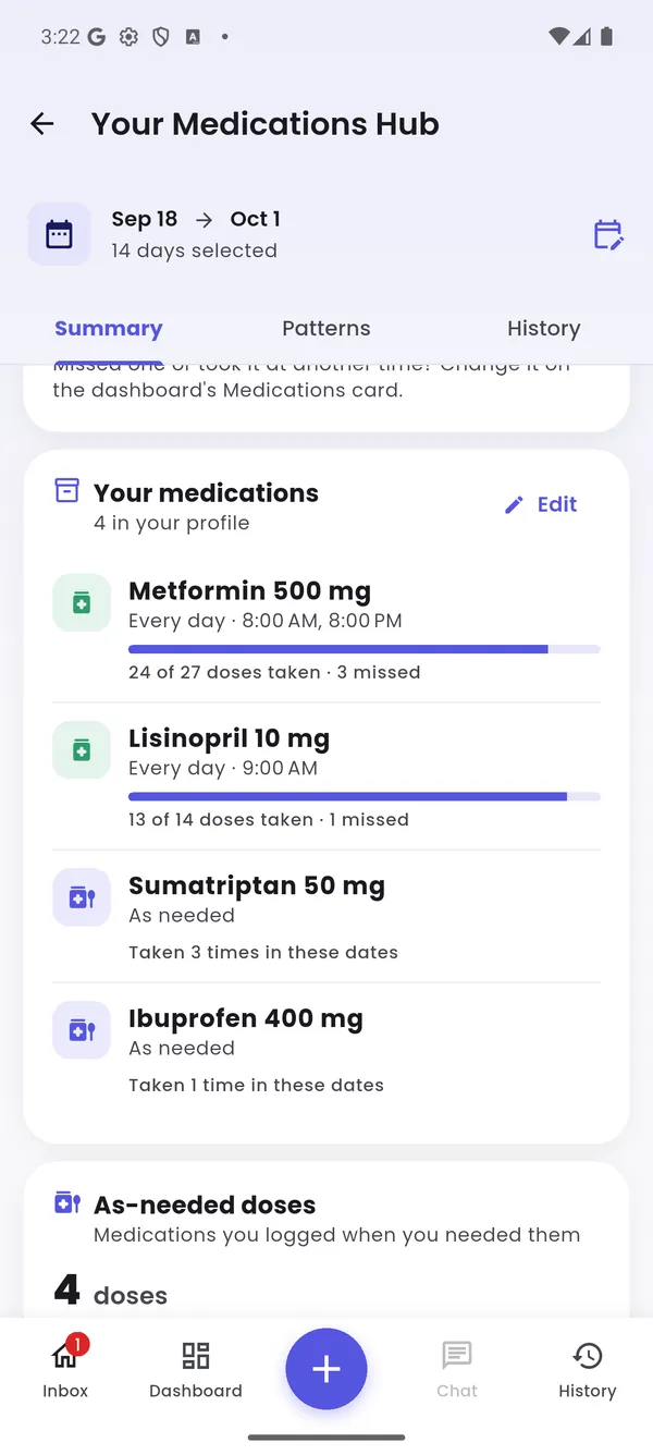 Medications hub: each medication with doses taken and missed