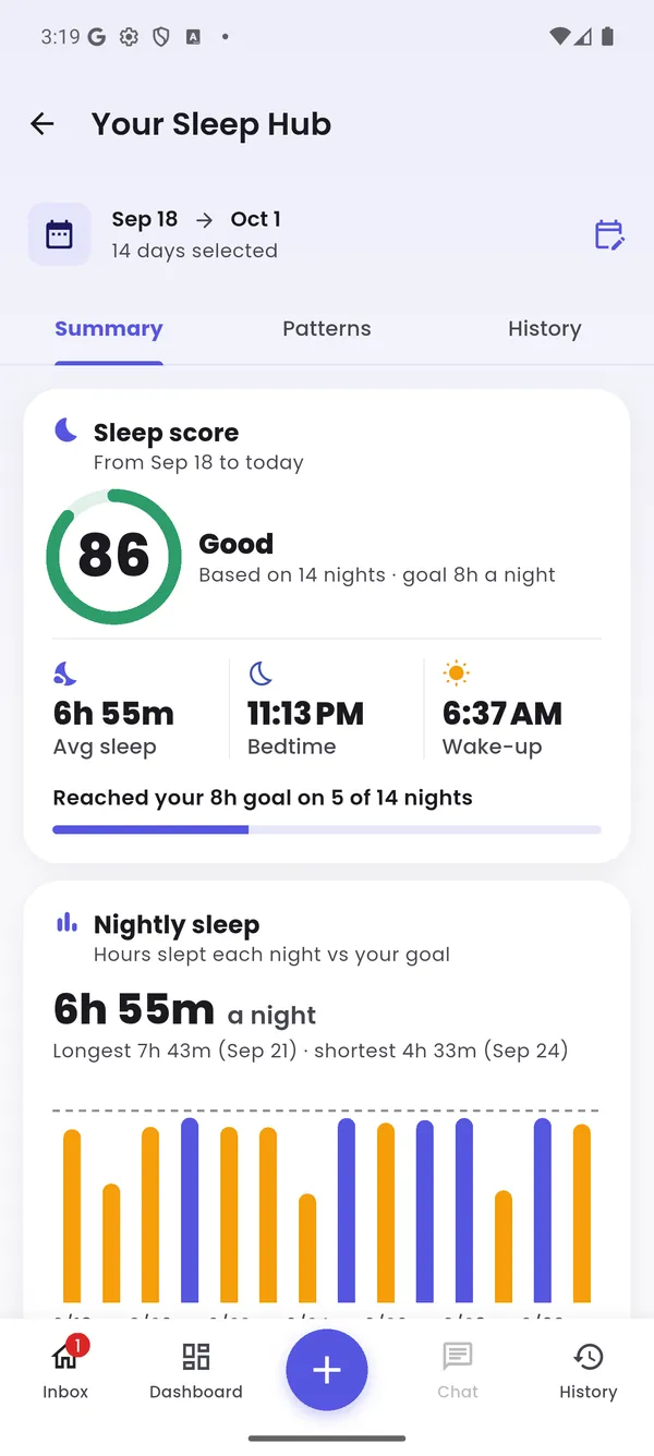 Sleep hub: sleep score 86, average sleep 6h 55m and nightly sleep chart