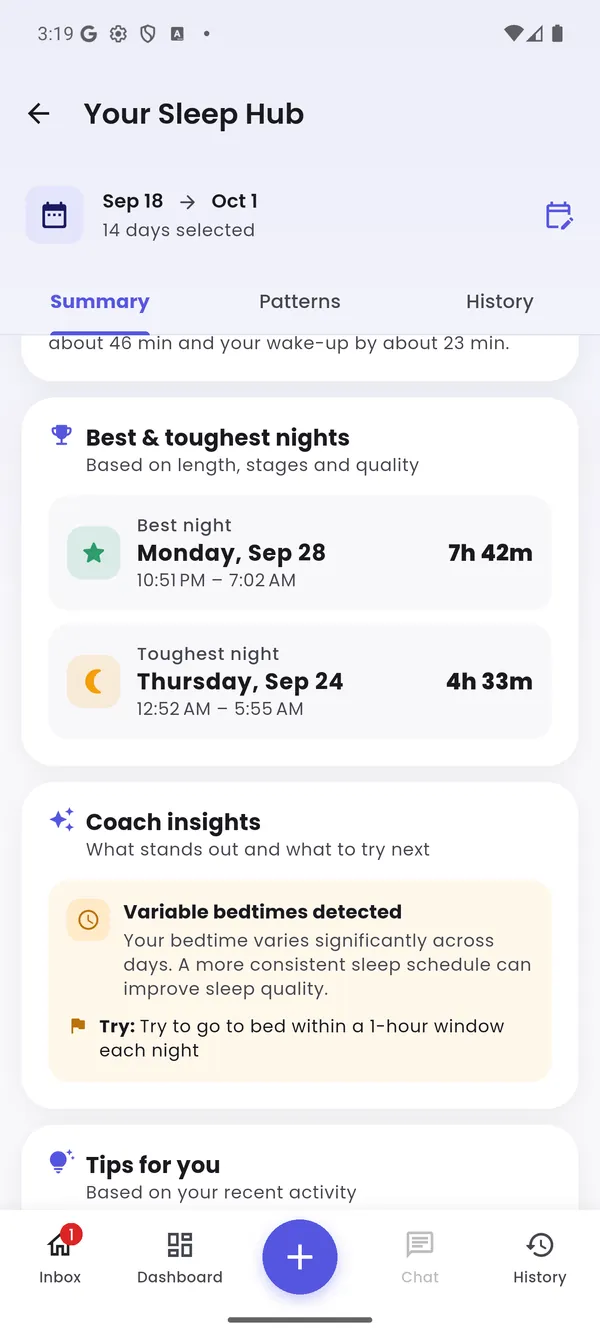 Sleep hub: best and toughest nights and coach insights about variable bedtimes