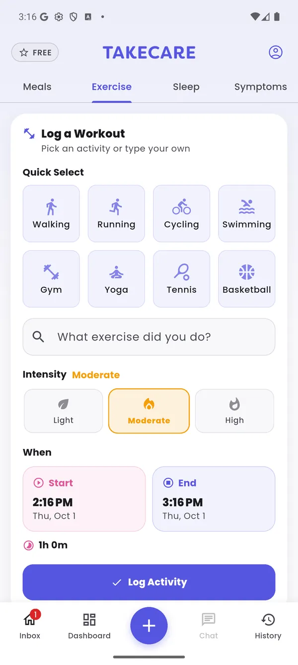 Log a workout screen with quick-select activities and intensity