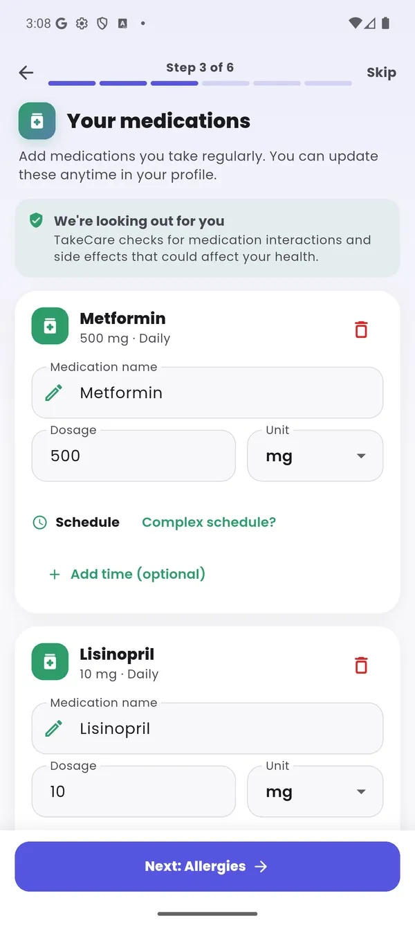 Onboarding step 3: adding Metformin 500 mg and Lisinopril 10 mg with schedules