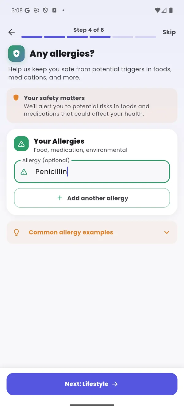 Onboarding allergies step with Penicillin entered