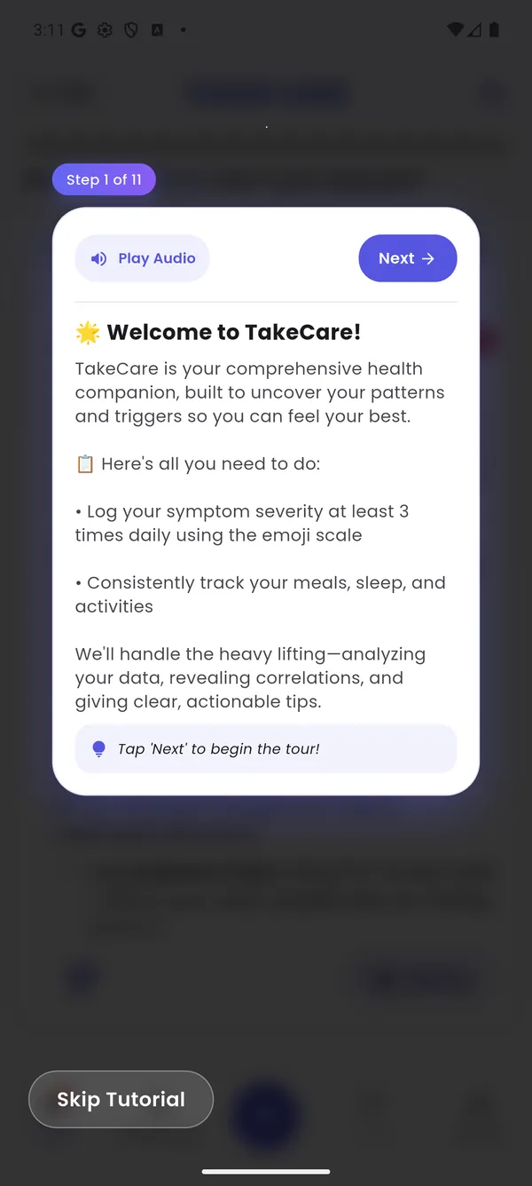 Welcome tour card: log your symptom severity at least 3 times daily using the emoji scale
