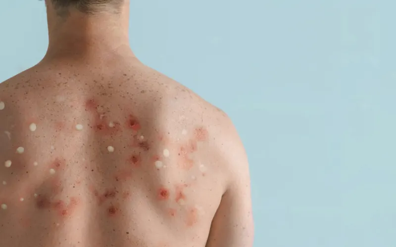 Close-up of a skin rash on a person’s back