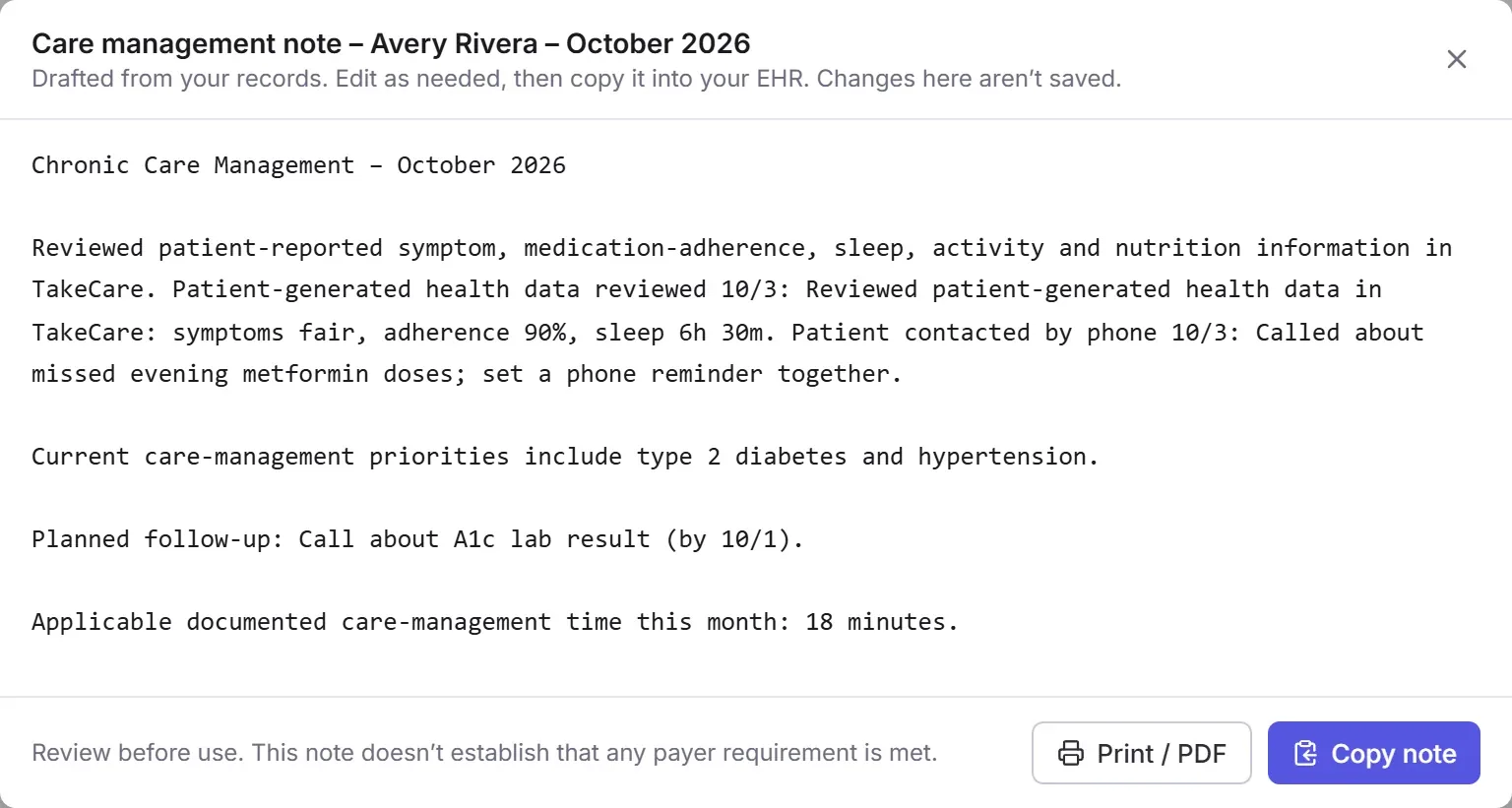 A drafted care-management note for the month, with Print and Copy note buttons