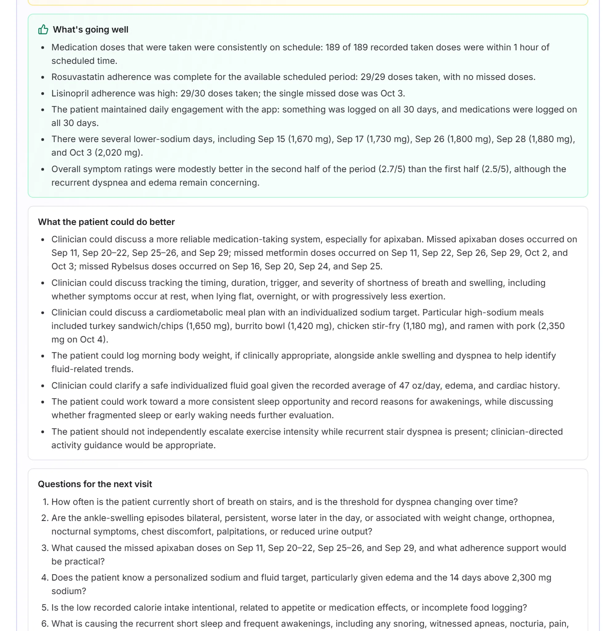 The rest of the Clinical Deep Dive: what’s going well, what the patient could do better and questions for the next visit