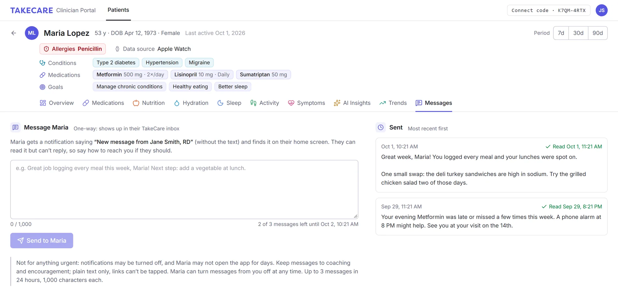 Sending a patient a message: the compose box and sent messages with read receipts