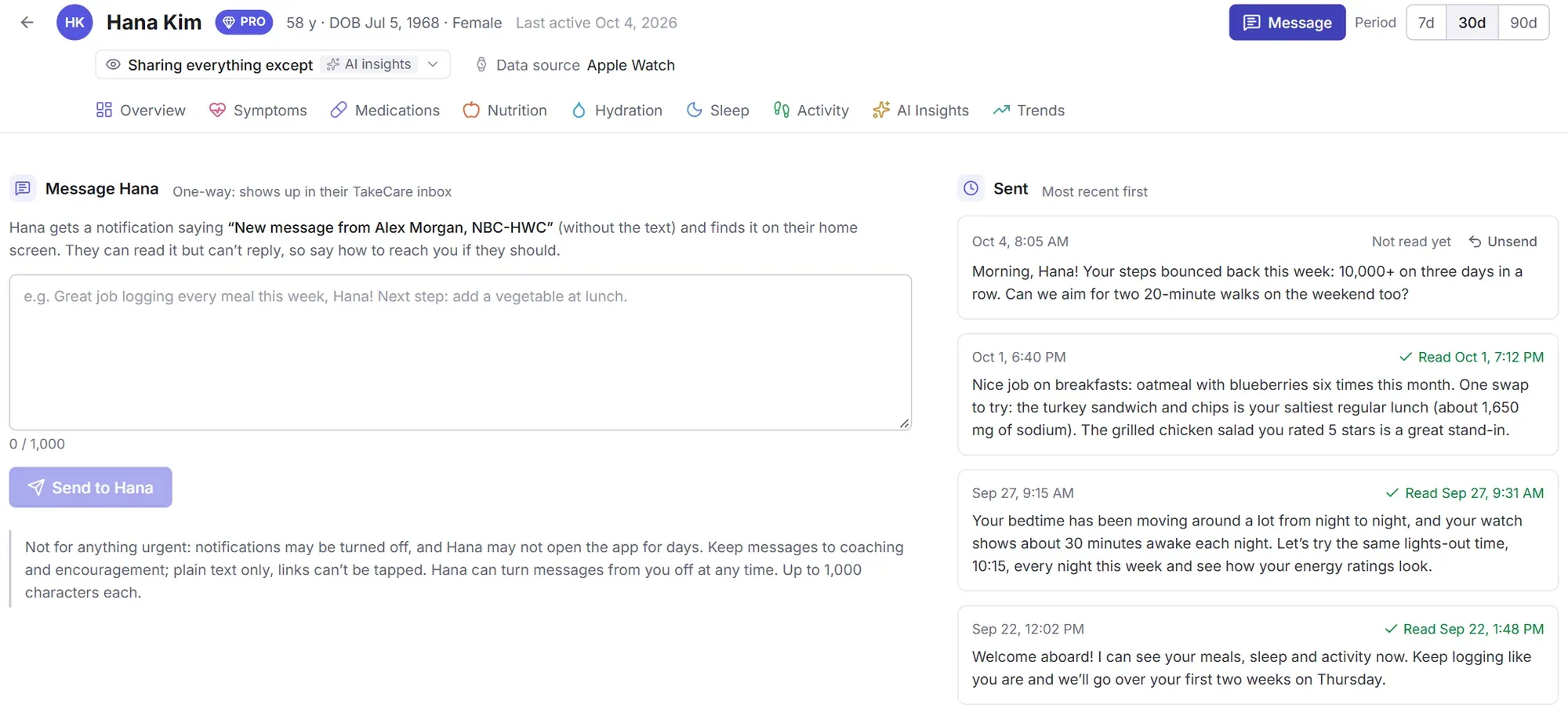 Messaging a client: the compose box, and sent messages about steps, nutrition and sleep with read receipts and an Unsend button