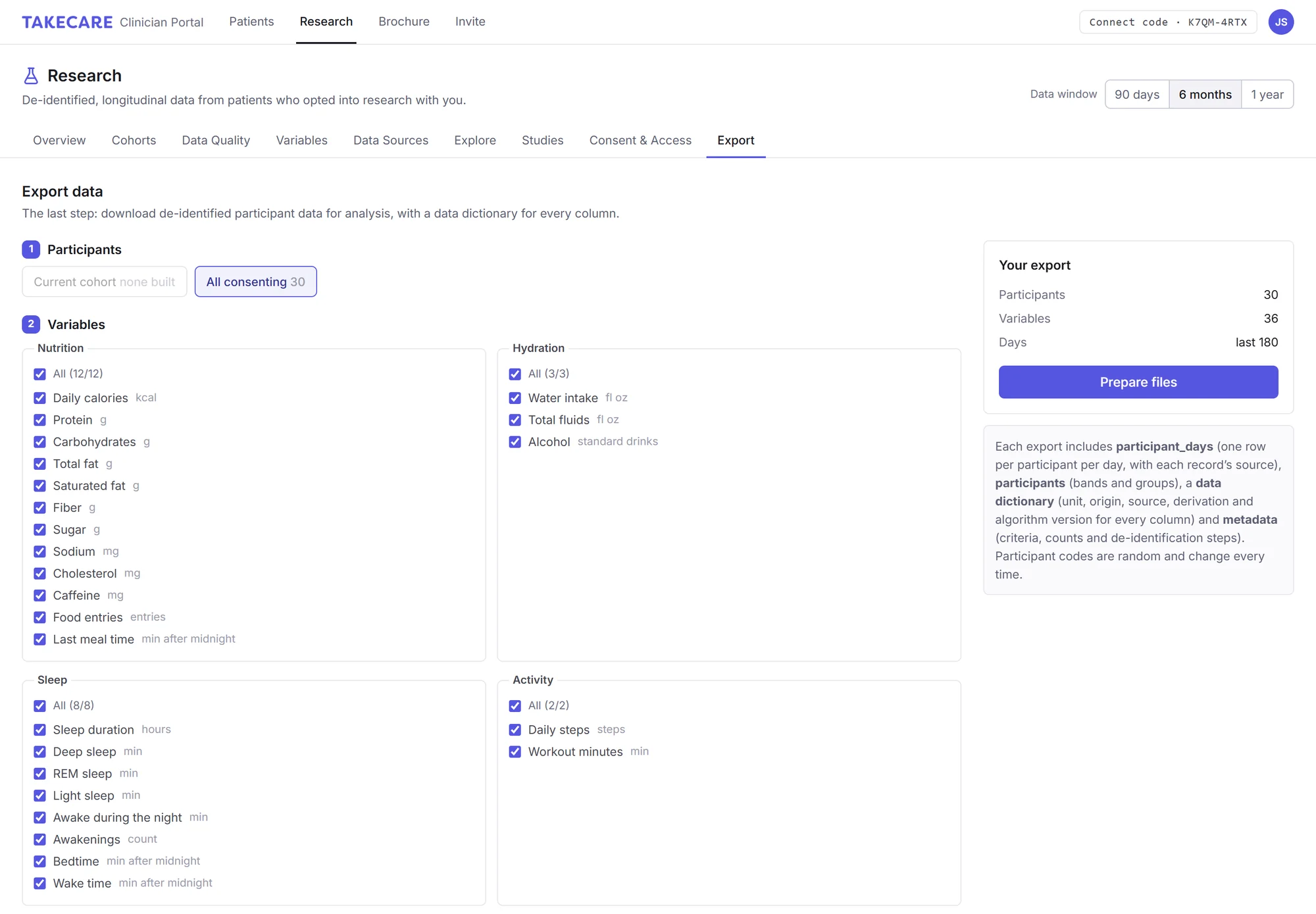 Export: choosing participants, 36 variables across nutrition, hydration, sleep, activity, symptoms, medications, weight and participant details, with a summary of the export