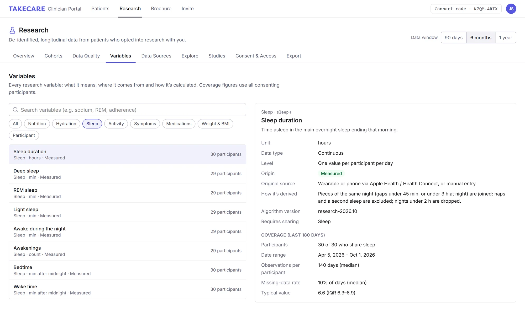Variables: searchable list of research variables with the sleep duration variable selected, showing unit, data type, origin, source, derivation, algorithm version and coverage